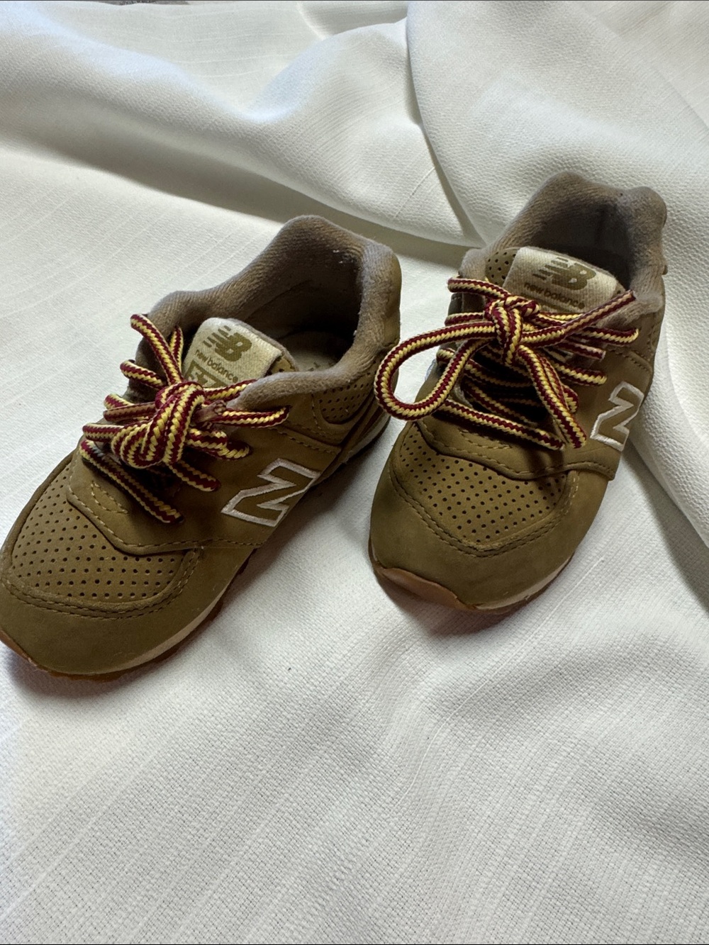 New Balance Kids Olive Green Sneakers with Maroon-Trim Laces
